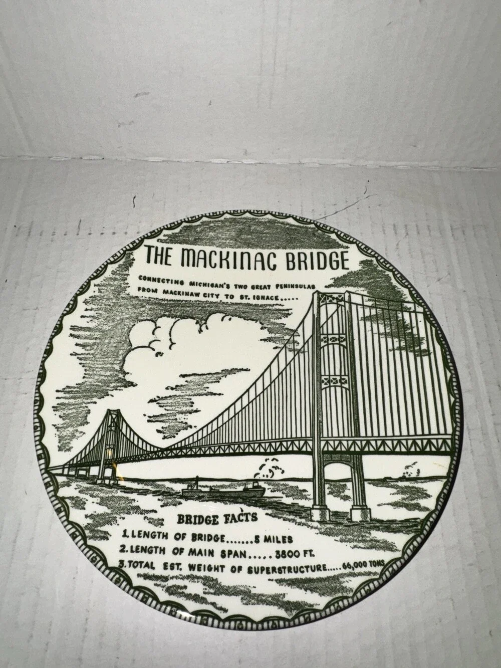 Vintage Mackinac Bridge Michigan Souvenir Plate 1950s Bridge Facts Green